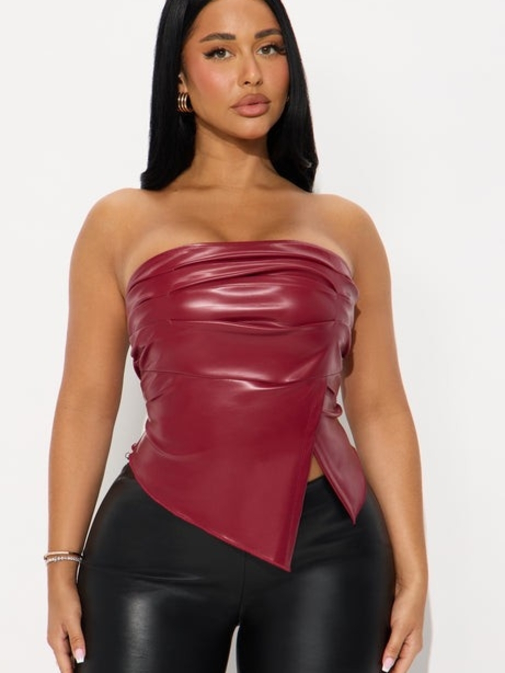 Fashion Nova Burgundy Faux Leather Strapless Asymmetric Corset Top